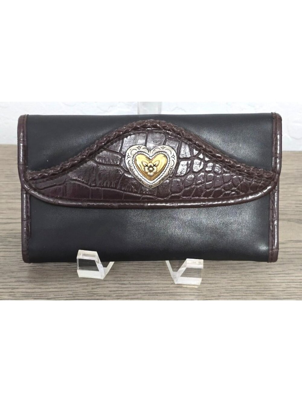 Brighton Black Brown Embossed Leather Wallet Gold and Silver Tone Heart